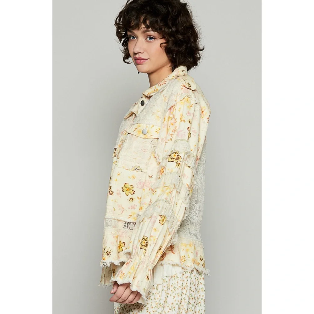 POL Cream Floral Twill and Lace Patchwork Jacket | Button Front